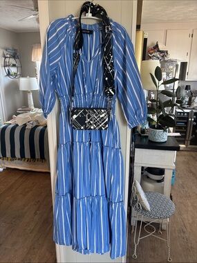 Blue Striped Tiered Maxi Dress - Women